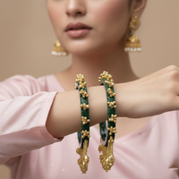 Etnico Traditional Green Bangles with Brass Stud Detailing and Hanging Ghungroo Charms for Women (ADB595G)