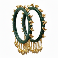 Etnico Traditional Green Bangles with Brass Stud Detailing and Hanging Ghungroo Charms for Women (ADB595G)