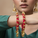 Etnico Traditional Red Bangles with Brass Stud Detailing and Hanging Ghungroo Charms for Women (ADB595Re)
