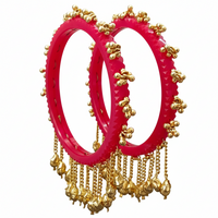 Etnico Traditional Red Bangles with Brass Stud Detailing and Hanging Ghungroo Charms for Women (ADB595Re)