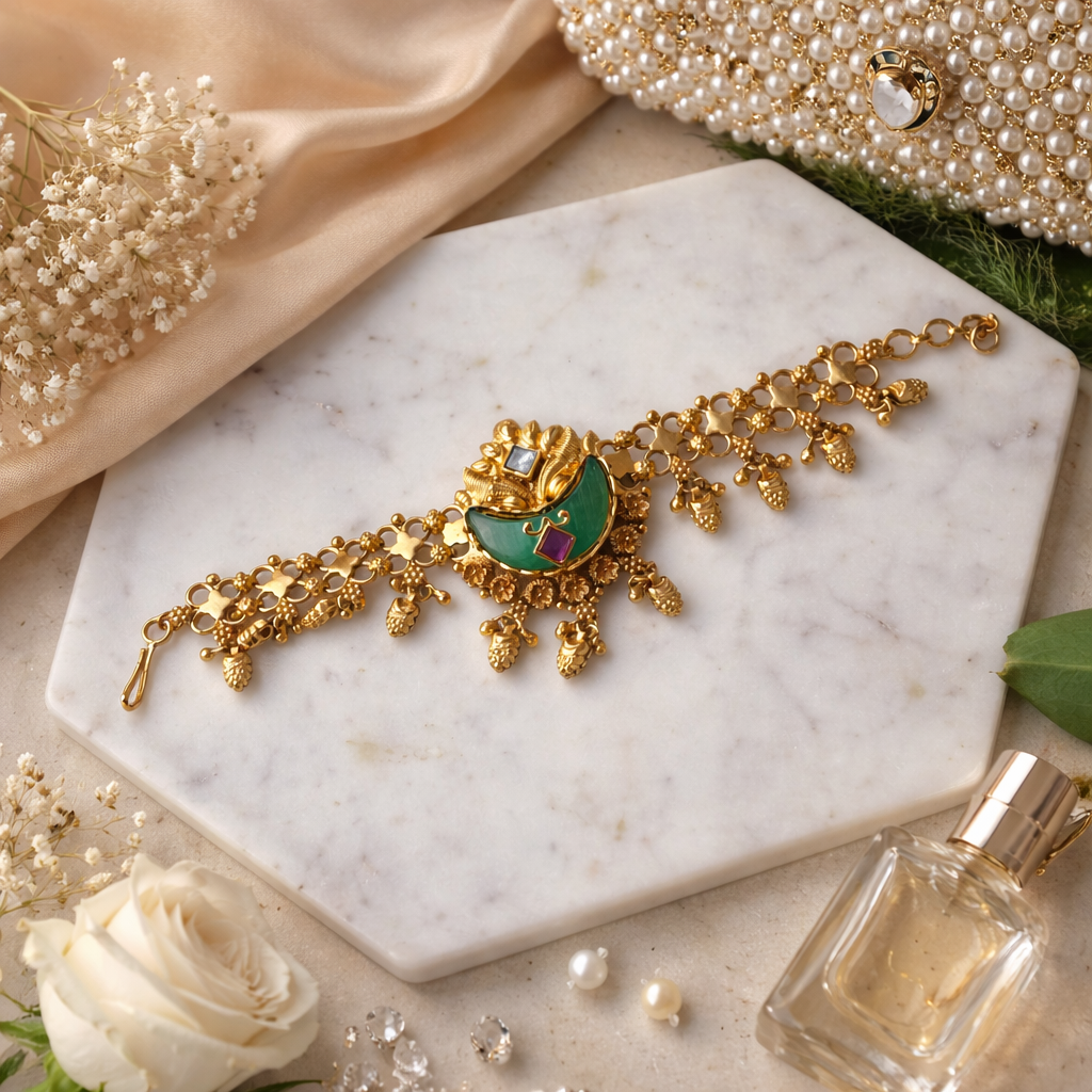 Etnico Traditional 24K Gold Plated Brass Peacock Motif Adjustable Bracelet for Women