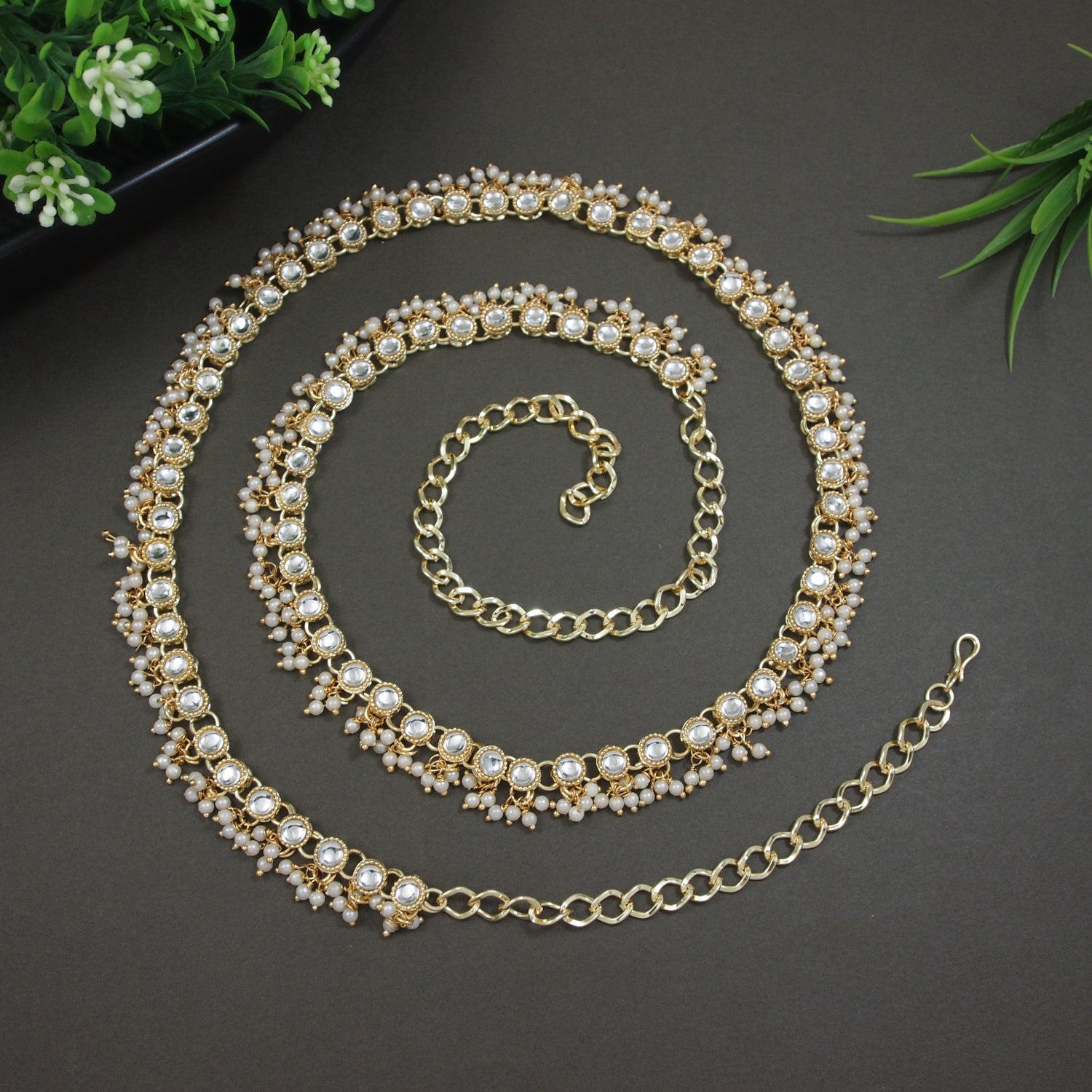 Etnico Gold Plated Traditional Kundan Pearl Adjustable Waist Chain/Belly Chain/Kamarband For Women (B053FL)