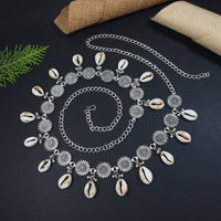 Etnico Navratri Eathnic Silver Oxidised Floral Design Handcrafted With Shell and Ghungroo Adjustable Kamarband/Belly Chain For Women (B060S)