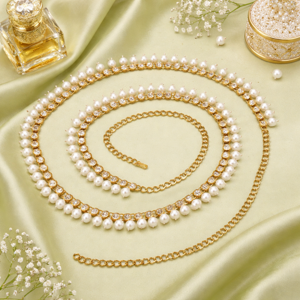 Etnico Traditional Gold Plated Pearl Beaded Kamarband/Belly Chain/Kandora/Wait Belt for Women