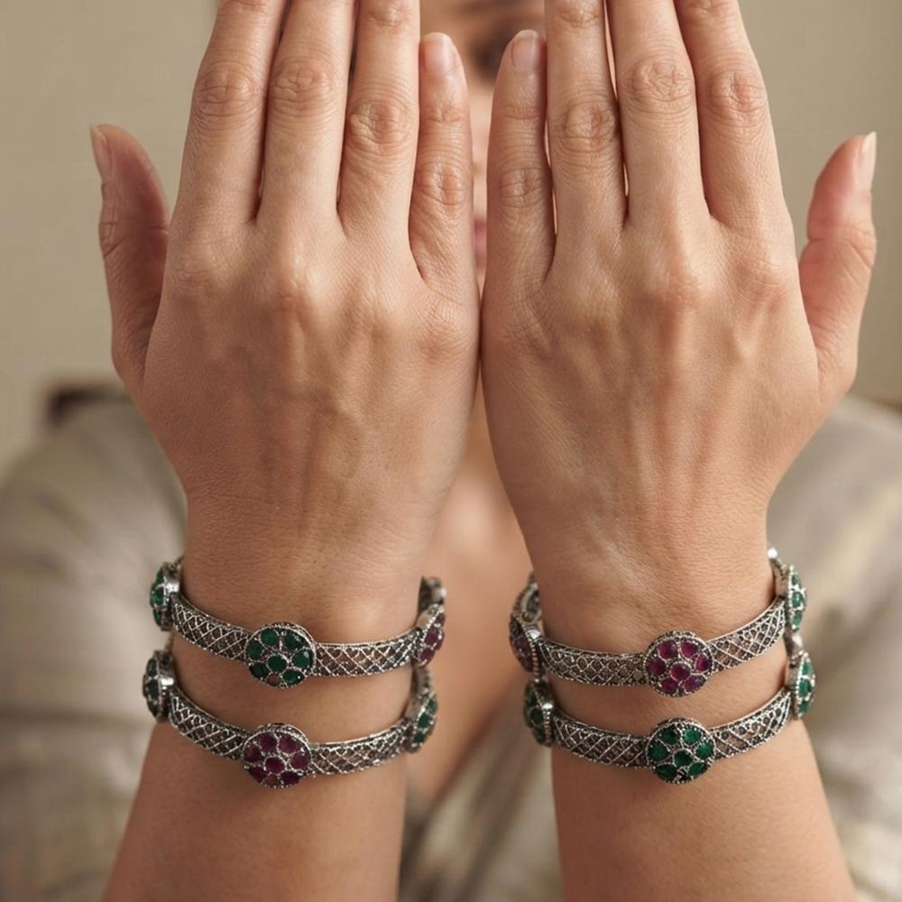 Js Fashion  Oxidized Floral Stone Bangle Set for Women