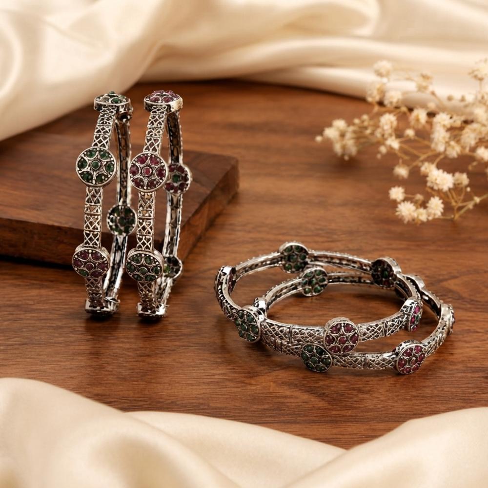 Js Fashion  Oxidized Floral Stone Bangle Set for Women