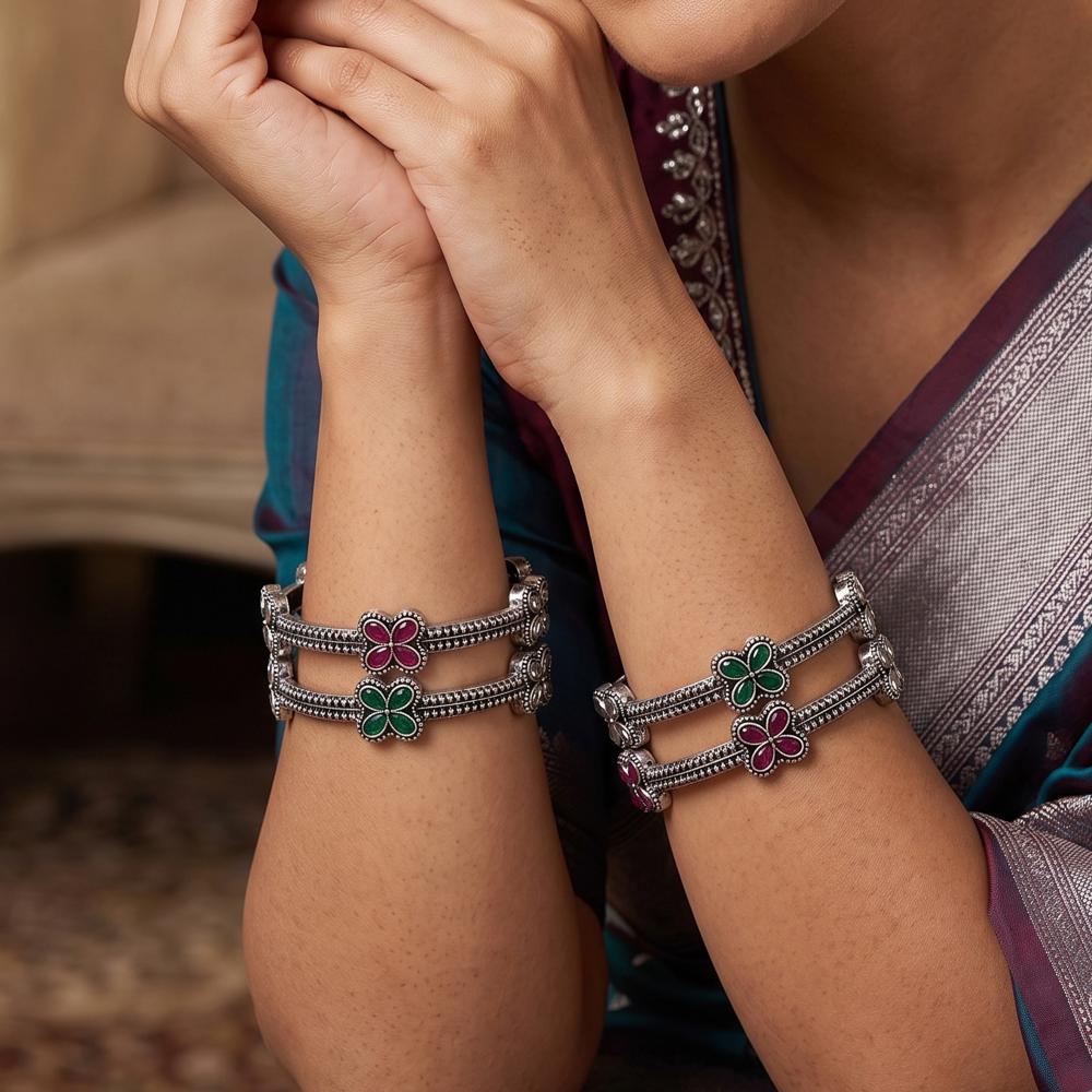Js Fashion  Traditional Oxidized Party Wear Floral Set of 4 Bangles for Women 
