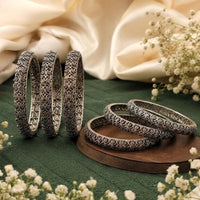 Js Fashion  Designer Oxidized Silver Leaf Motif Set of 6 Bangles for Women