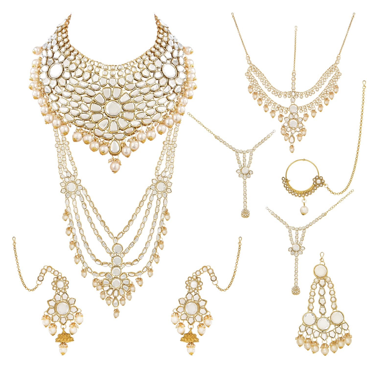Etnico Wedding Collection Traditional Ethnic Gold Plated Pearl & Kundan Stone Work Bridal Jewellery Set For Women