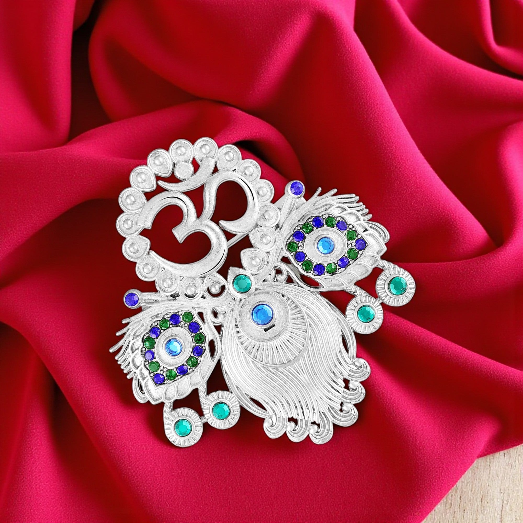 Mahi Om & Peacock-Feather-Shaped Rhodium Plated Crystal Studded Brooch Pin for Men (BP1101238R)