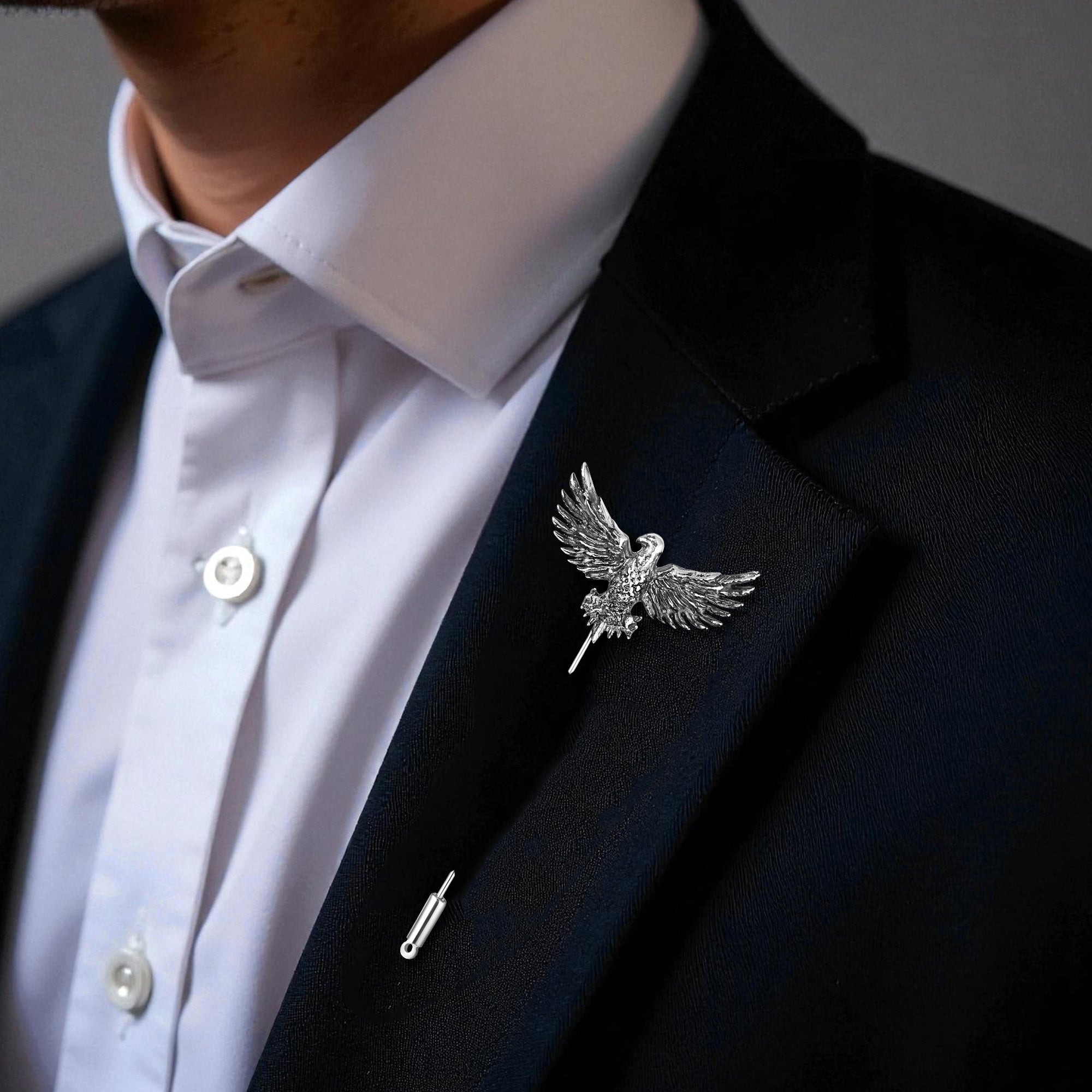 Mahi Premium Silver Eagle-Shaped Mens Brooch Lapel Pin with Antique Rhodium Plating for Coat, Blazer, Jodhpuri (BP1101245R)