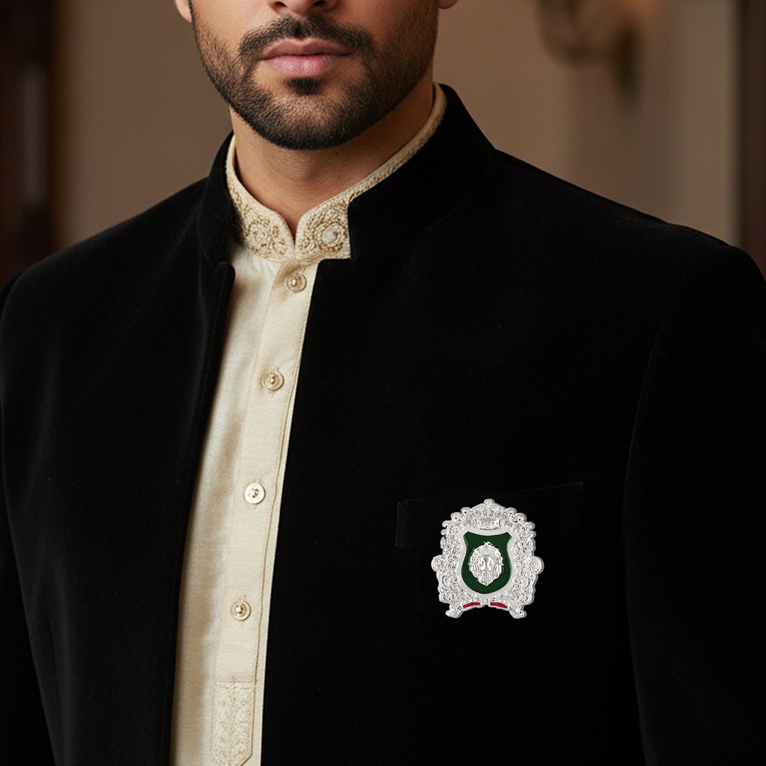 Mahi Royal Crest Lion-Head-Shaped Vintage Crown Emblem Green Enamel Designer Lapel Pin / Kurta Sherwani Brooch Pin for Men (BP1101249RGre)