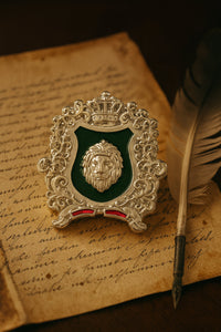 Mahi Royal Crest Lion-Head-Shaped Vintage Crown Emblem Green Enamel Designer Lapel Pin / Kurta Sherwani Brooch Pin for Men (BP1101249RGre)