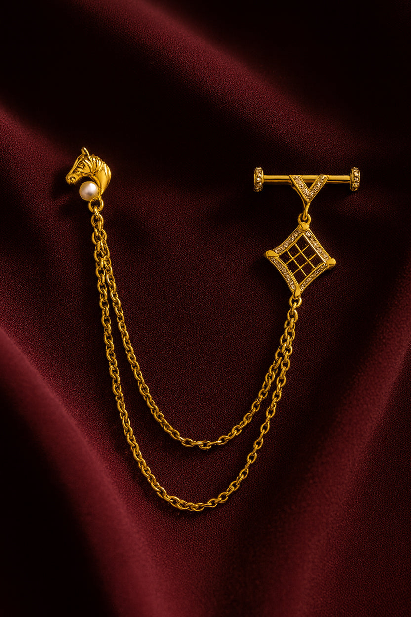 Mahi Gold-Tone Horse-Head-Shaped Dual Layer Chain / Kurta Sherwani Wedding Brooch for Men with Maroon Enamel & Crystal Accent (BP1101253GMar)