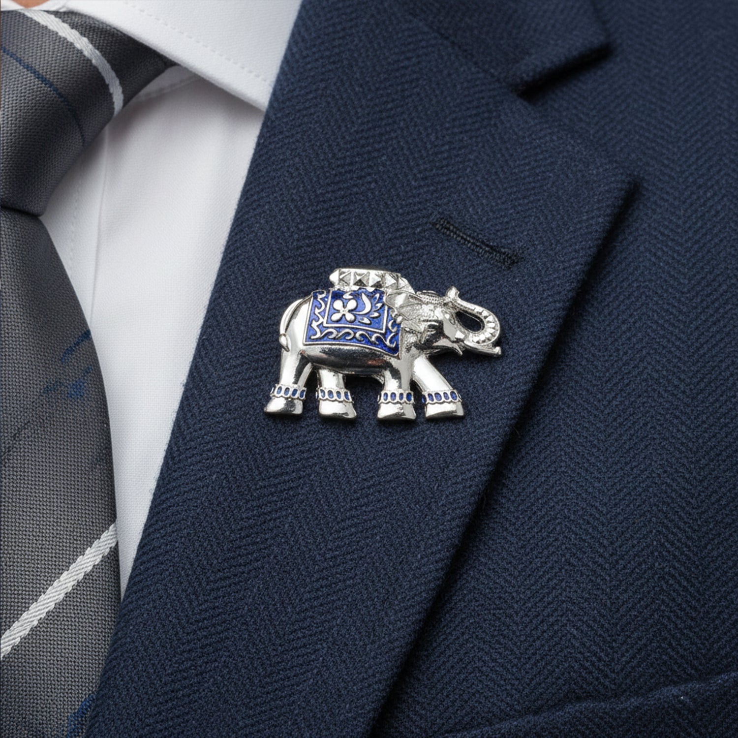 Mahi Silver Tone Royal Elephant-Shaped Unisex Wedding Brooch / Kurta Sherwani with Blue Enamel Meenakari Work (BP1101258RBlu)