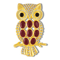 Mahi Gold-Tone Owl-Shaped Lapel Pin / Brooch | Saree Pin / Blazer Pin for Women with Oval Maroon and White Crystal (BP1101260GMar)