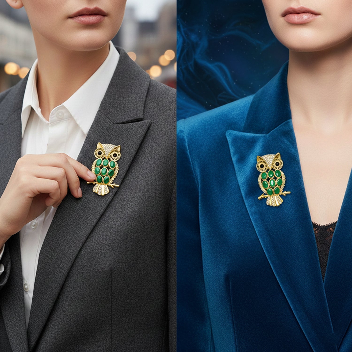 Mahi Silver-Tone Owl-Shaped Lapel Pin / Brooch | Saree Pin / Blazer Pin for Women with Oval Green and White Crystal (BP1101261GGre)