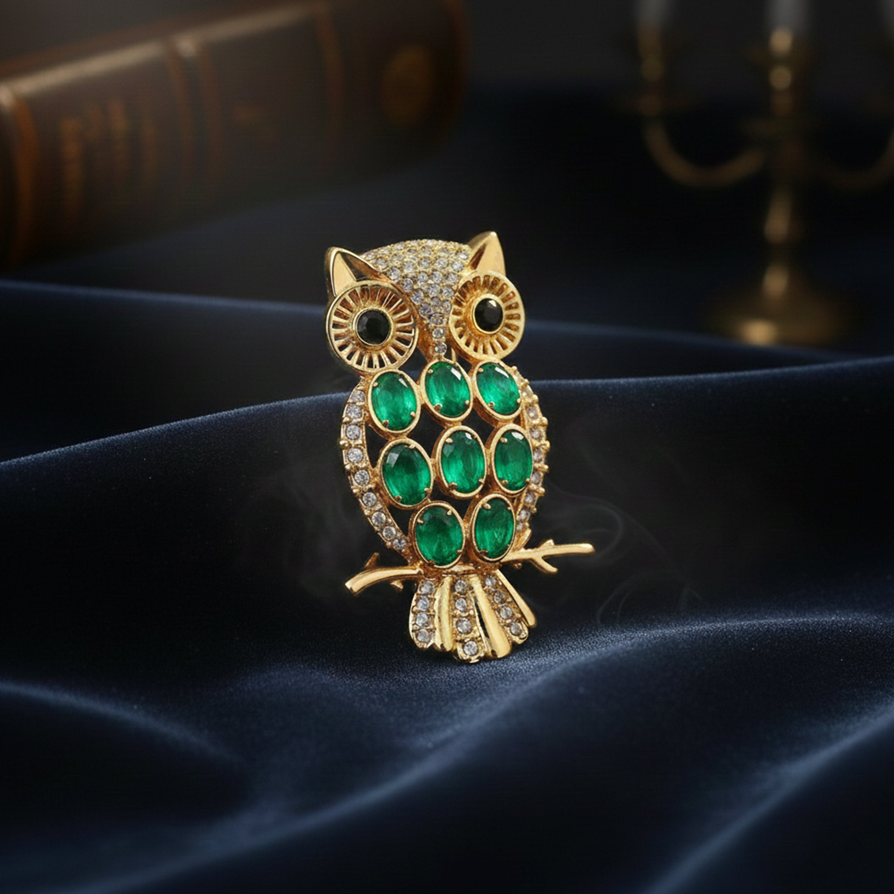 Mahi Silver-Tone Owl-Shaped Lapel Pin / Brooch | Saree Pin / Blazer Pin for Women with Oval Green and White Crystal (BP1101261GGre)