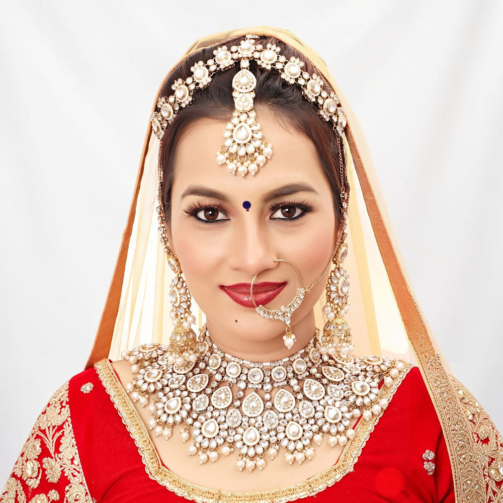 Knigght Angel Gold Plated Royal Kundan Stone And Beads Semi Bridal Necklace Set