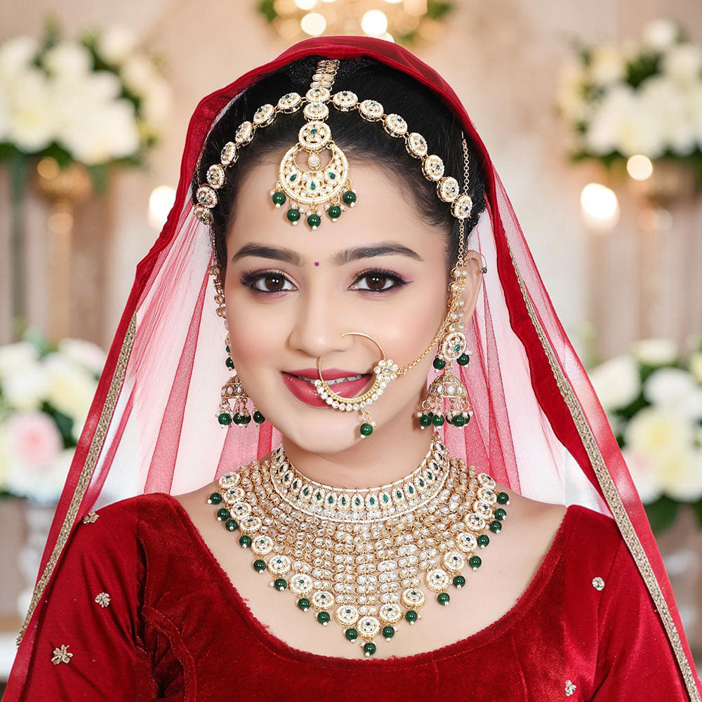 Knigght Angel Gold Plated Royal Kundan Stone And Beads Semi Bridal Necklace Set