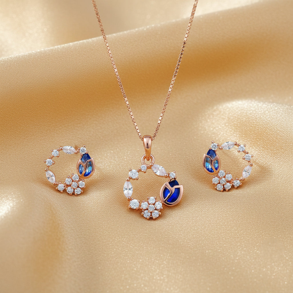 Etnico Latest Stylish Rose Gold Plated CZ American Diamond Pendant Brass Necklace Set with Earrings for Women