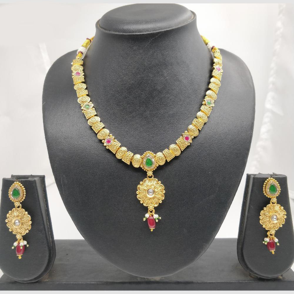Chiccharm Jewellery Pota Stone And Pearl Brass And Copper Rajwadi Necklace Set