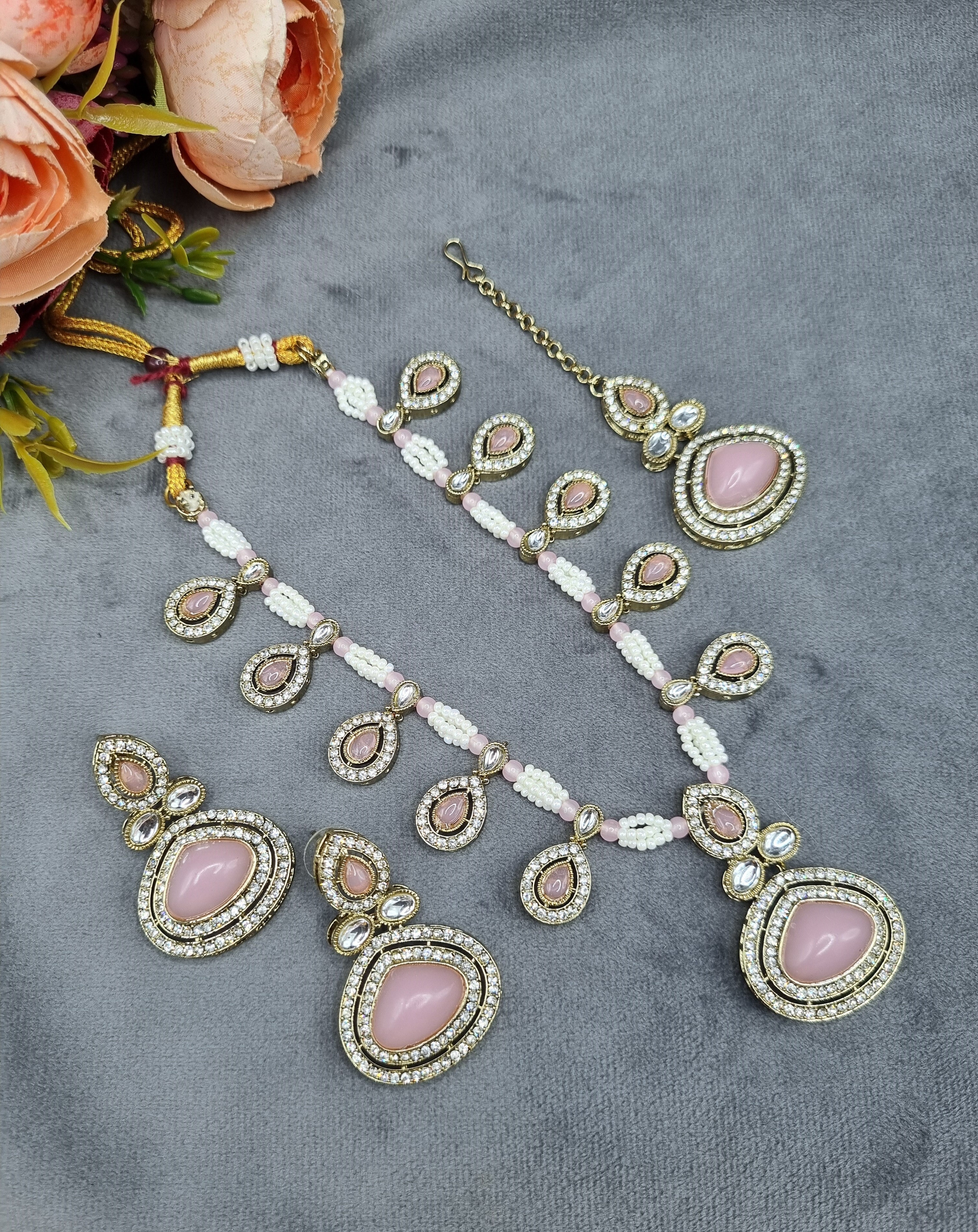 LAFZ  Elegant Teardrop Stone & Pearl Beaded Jewelry Set with Earrings & Maang Tikka - CK1692