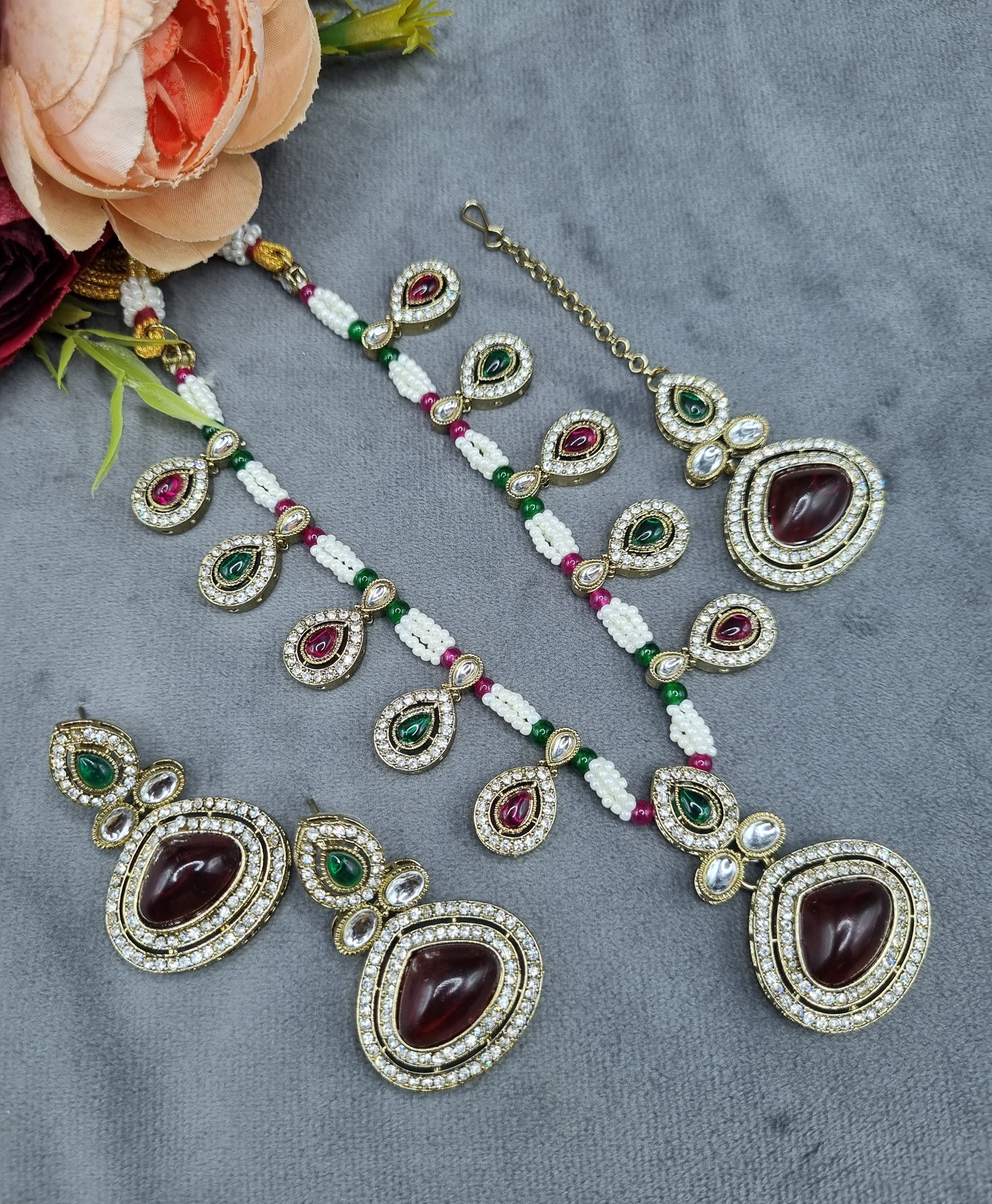 LAFZ  Elegant Teardrop Stone & Pearl Beaded Jewelry Set with Earrings & Maang Tikka - CK1692