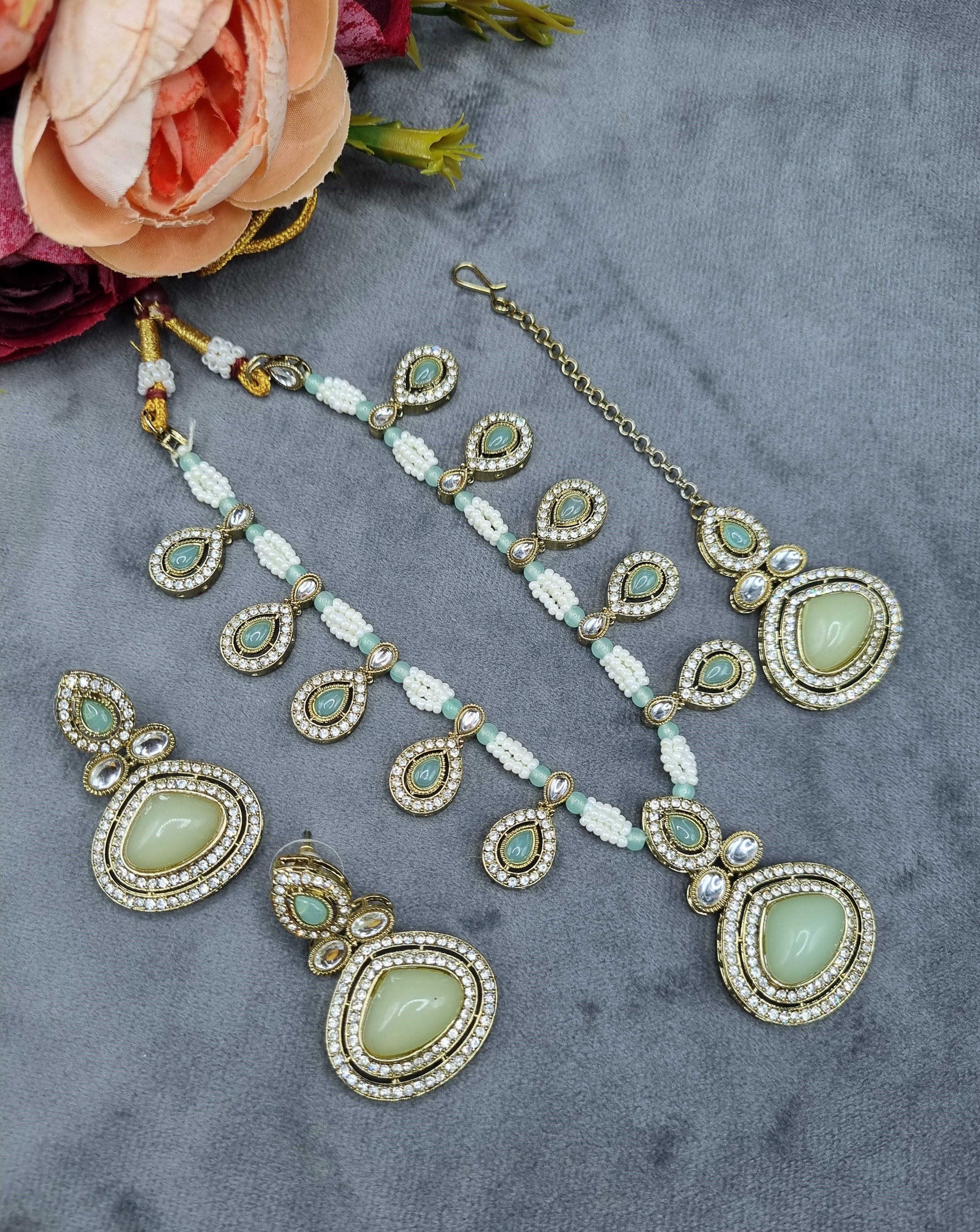 LAFZ  Elegant Teardrop Stone & Pearl Beaded Jewelry Set with Earrings & Maang Tikka - CK1692
