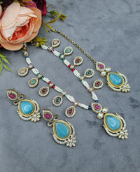 LAFZ  Antique Gold Teardrop Pendant Necklace Set with Earrings & Maangtikka - CK1696MULTI2