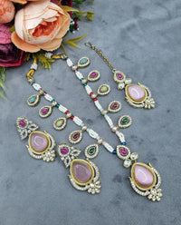 LAFZ  Antique Gold Teardrop Pendant Necklace Set with Earrings & Maangtikka - CK1696MULTI2
