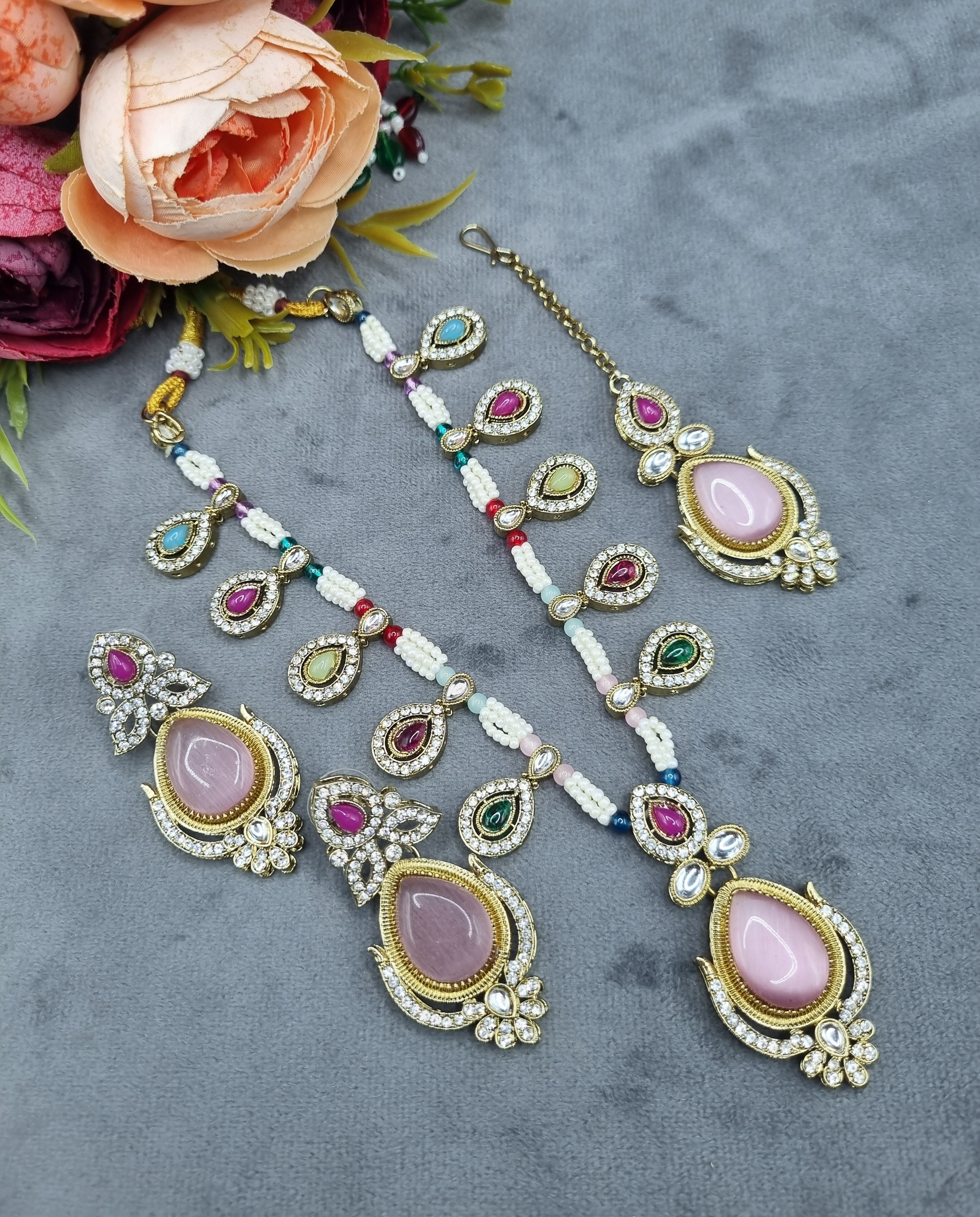 LAFZ  Antique Gold Teardrop Pendant Necklace Set with Earrings & Maangtikka - CK1696MULTI2