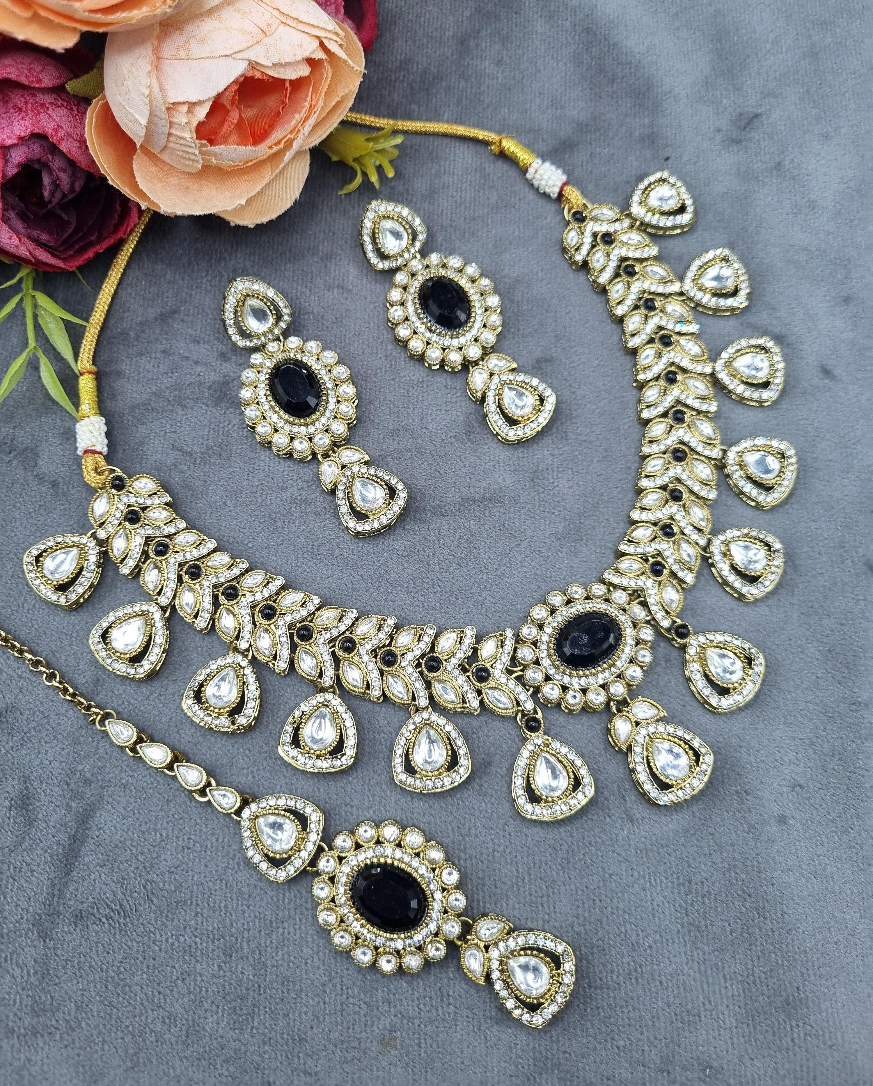 LAFZ  Antique Gold & Oval Accent Choker Necklace Set with Earrings & Maangtikka - CK1697RAMA