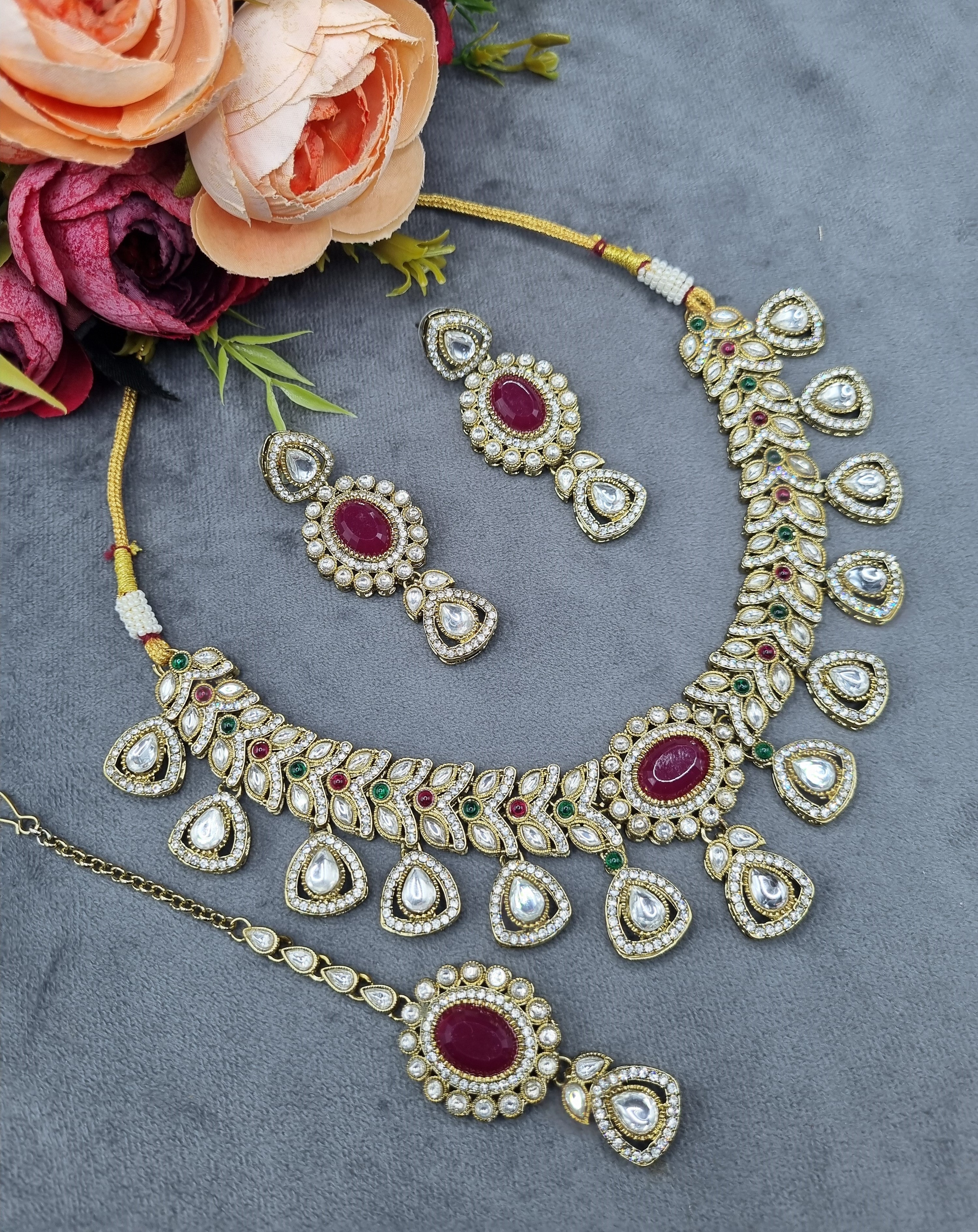 LAFZ  Antique Gold & Oval Accent Choker Necklace Set with Earrings & Maangtikka - CK1697RAMA