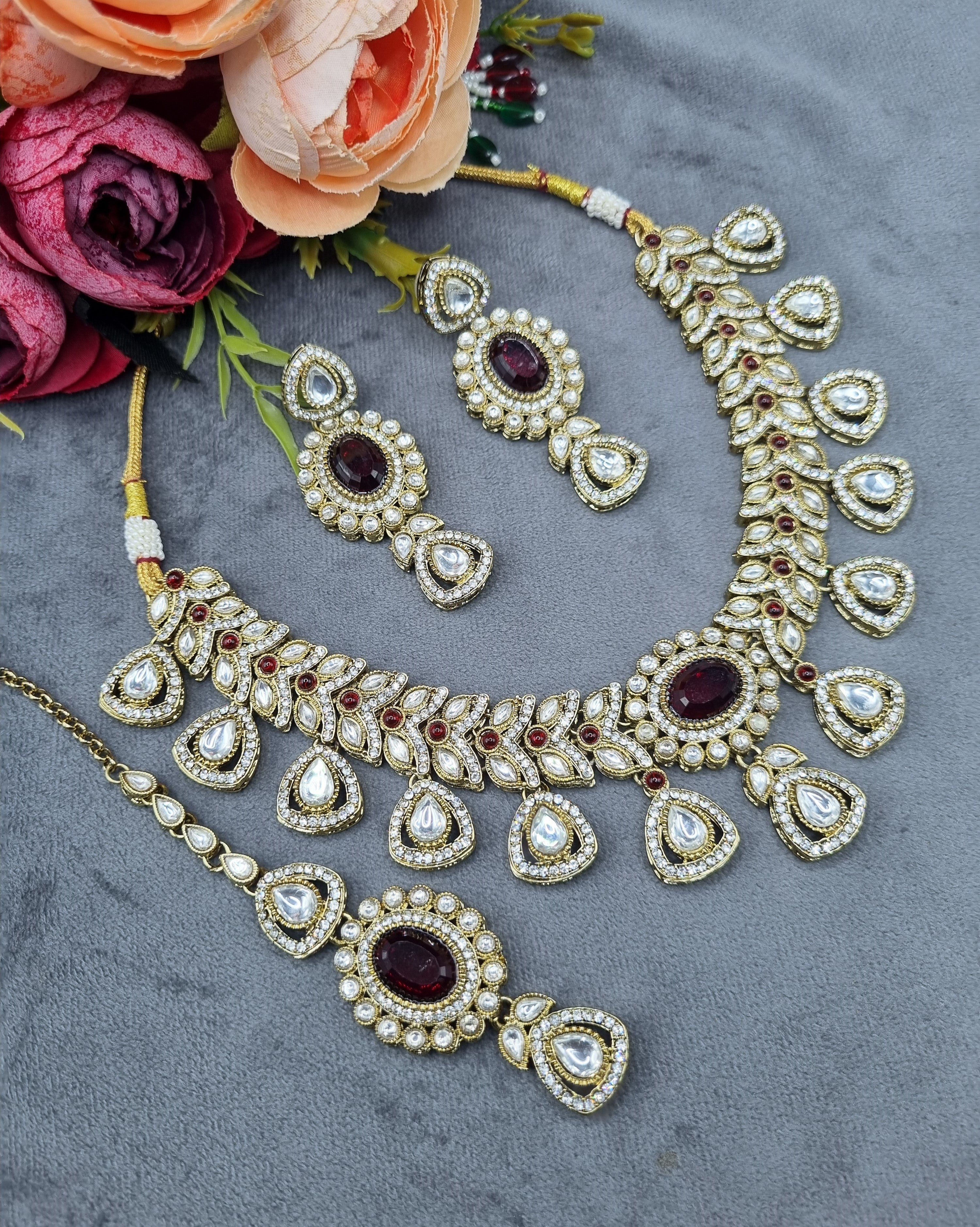 LAFZ  Antique Gold & Oval Accent Choker Necklace Set with Earrings & Maangtikka - CK1697RAMA