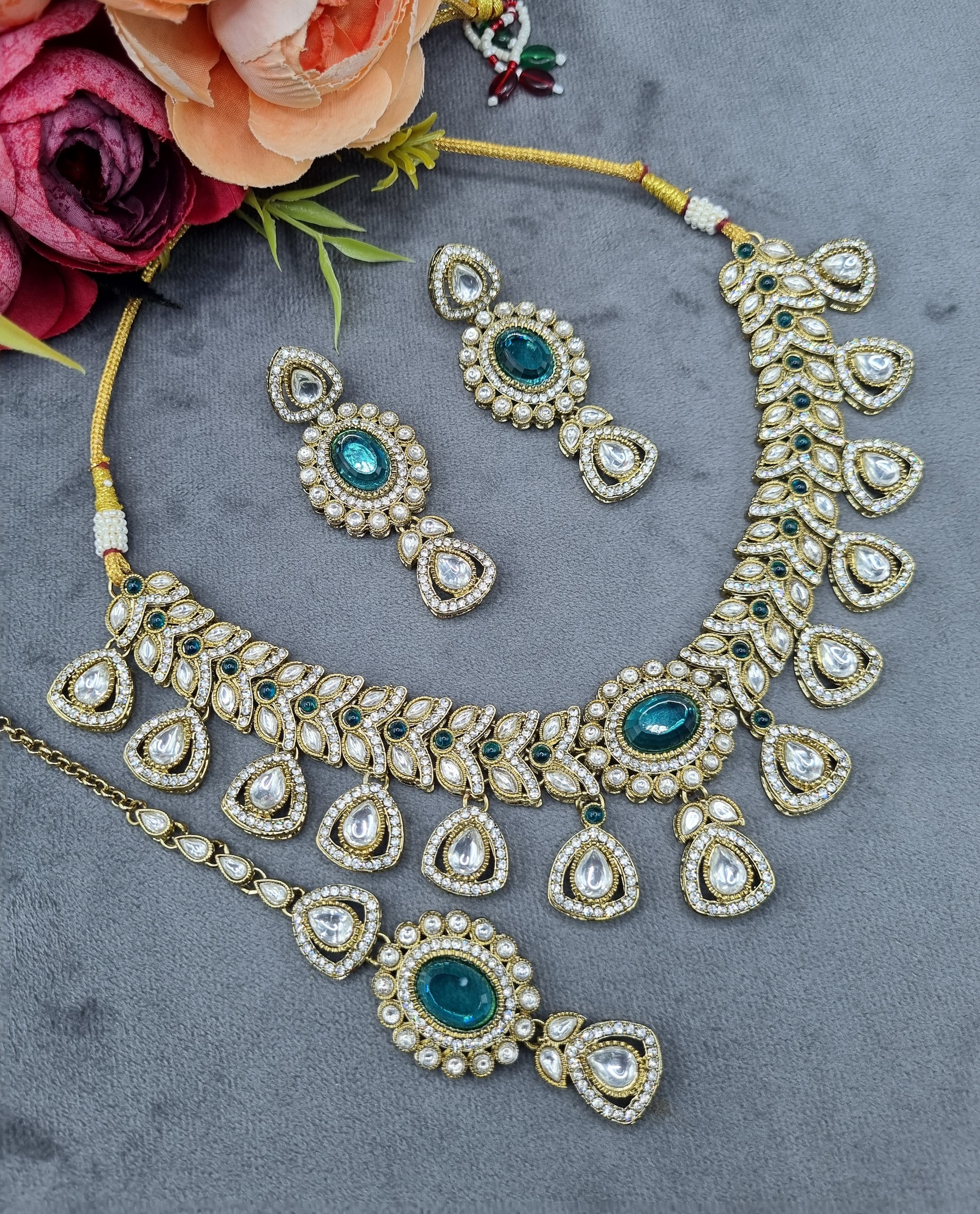 LAFZ  Antique Gold & Oval Accent Choker Necklace Set with Earrings & Maangtikka - CK1697RAMA