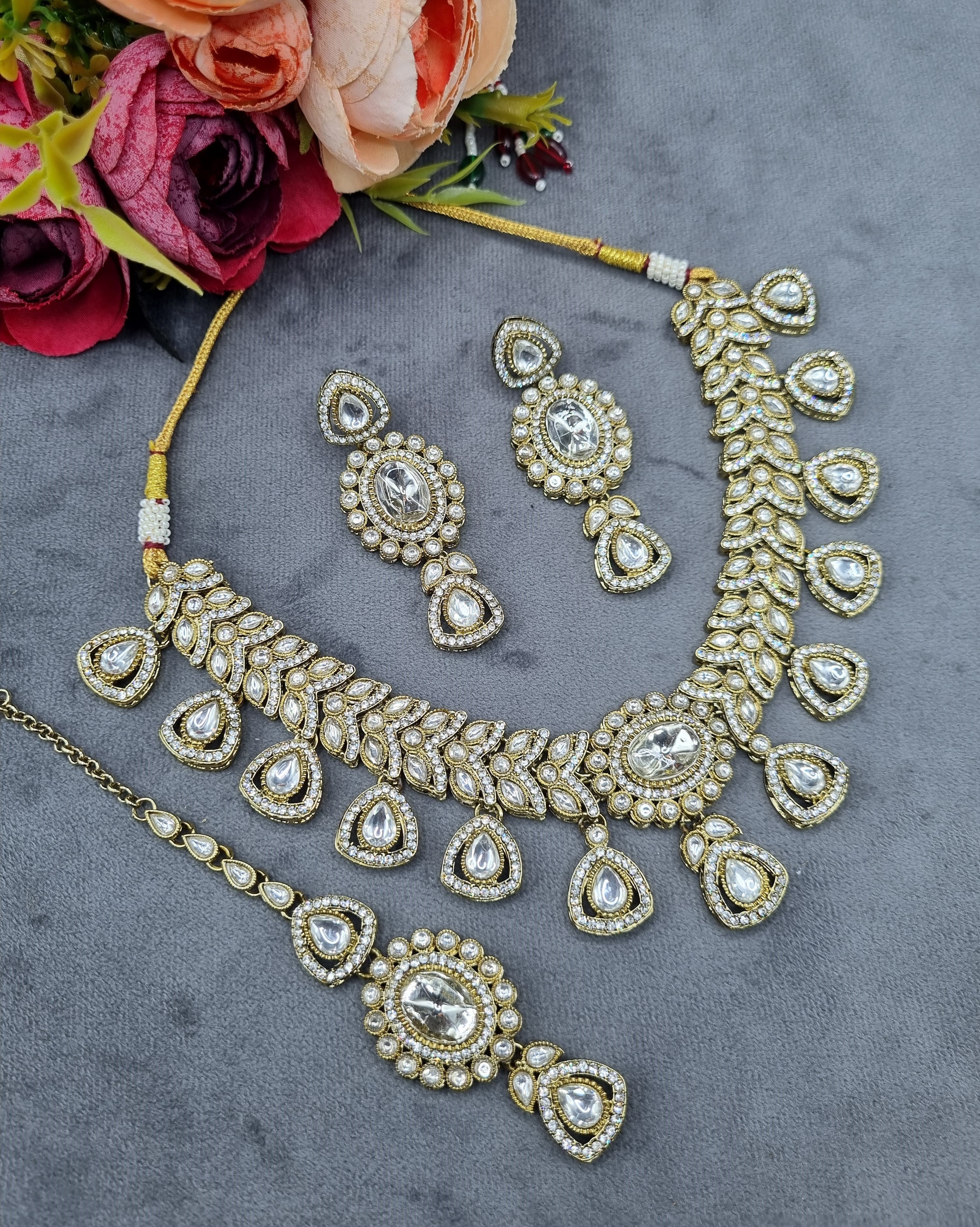LAFZ  Antique Gold & Oval Accent Choker Necklace Set with Earrings & Maangtikka - CK1697RAMA