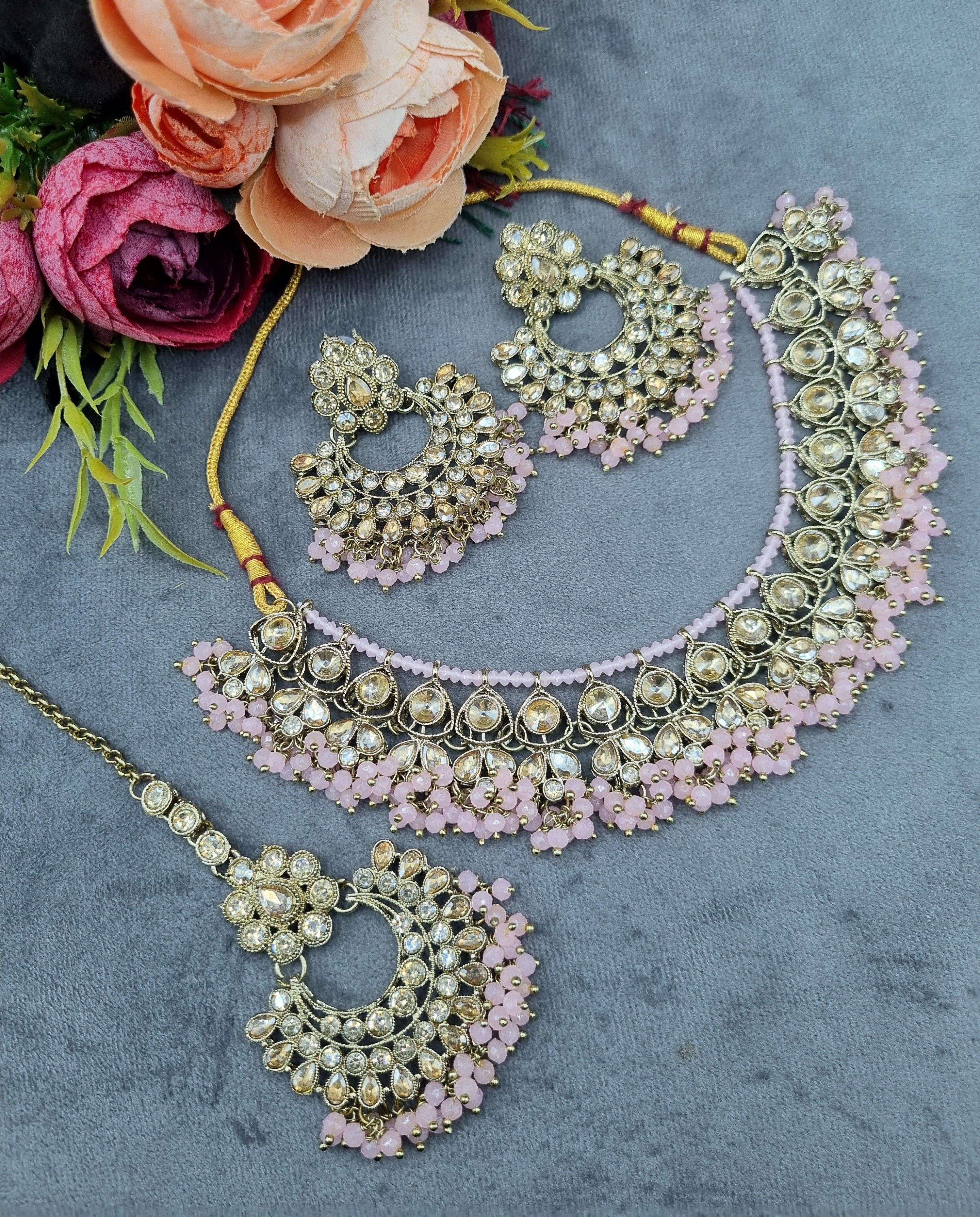 LAFZ  Antique Gold Finish Crystal Necklace Set with Earrings & Maang Tikka - CK1698MINT-