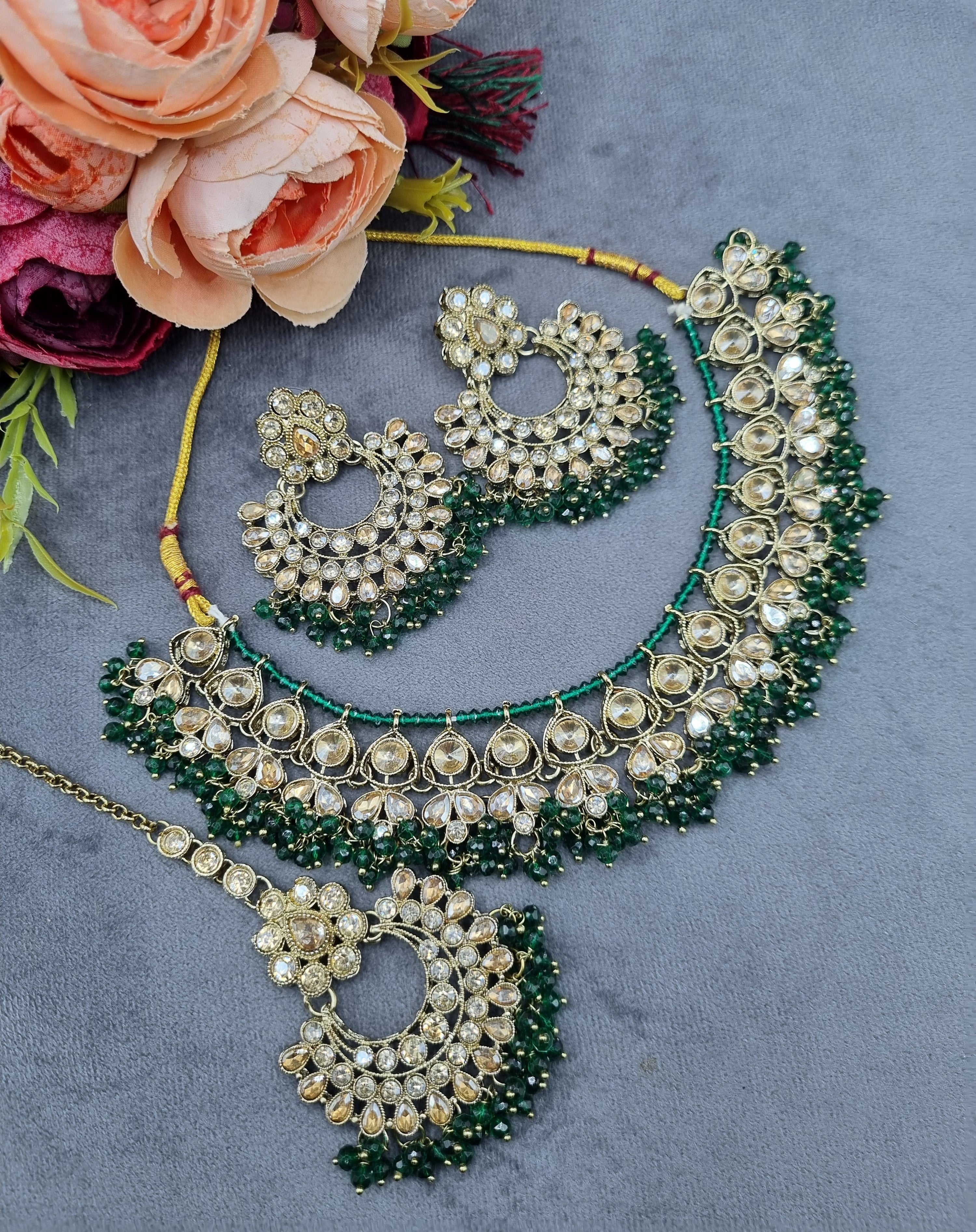 LAFZ  Antique Gold Finish Crystal Necklace Set with Earrings & Maang Tikka - CK1698MINT-