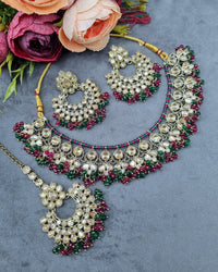 LAFZ  Antique Gold Finish Crystal Necklace Set with Earrings & Maang Tikka - CK1698MINT-