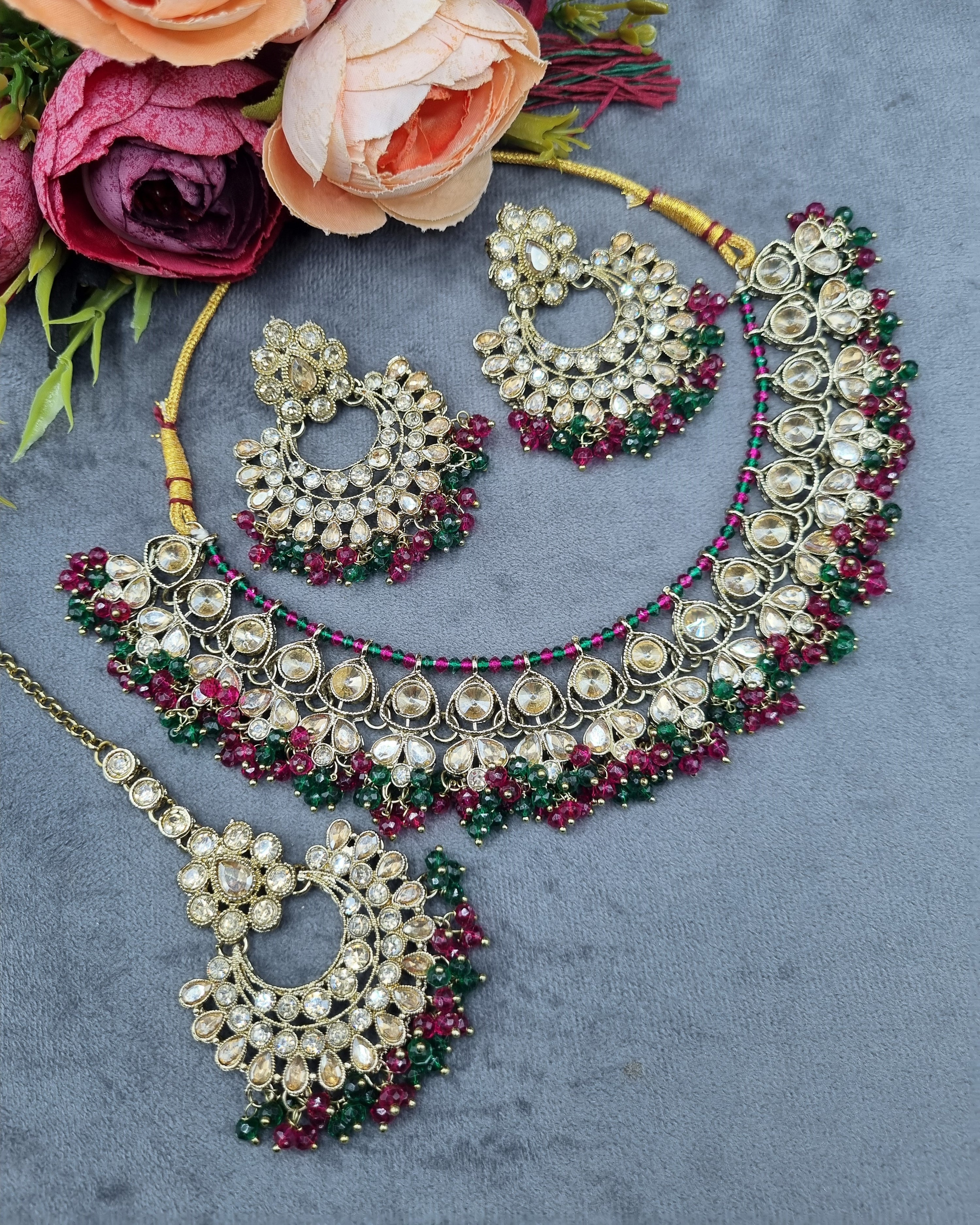LAFZ  Antique Gold Finish Crystal Necklace Set with Earrings & Maang Tikka - CK1698MINT-