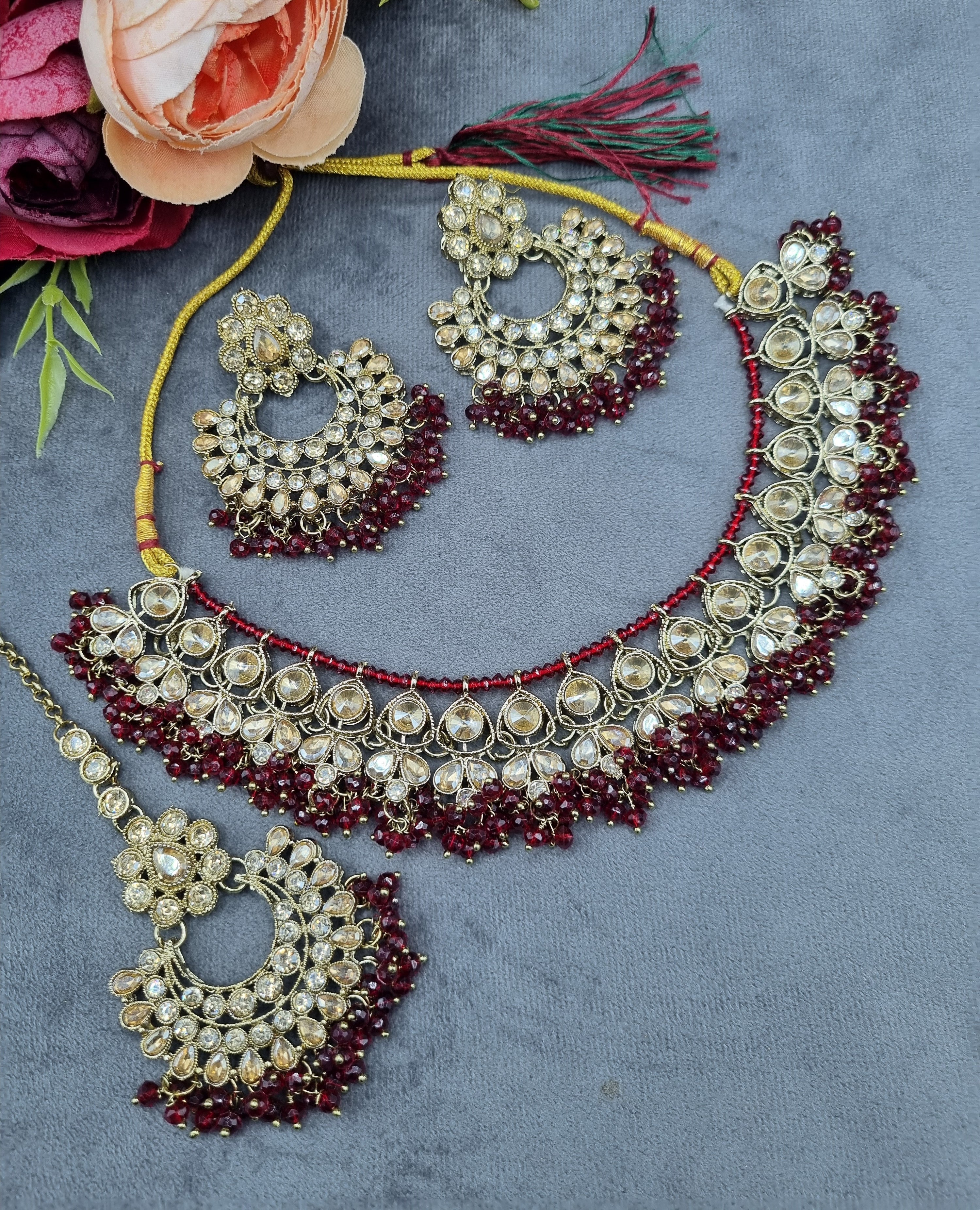 LAFZ  Antique Gold Finish Crystal Necklace Set with Earrings & Maang Tikka - CK1698MINT-