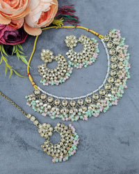 LAFZ  Antique Gold Finish Crystal Necklace Set with Earrings & Maang Tikka - CK1698MINT-