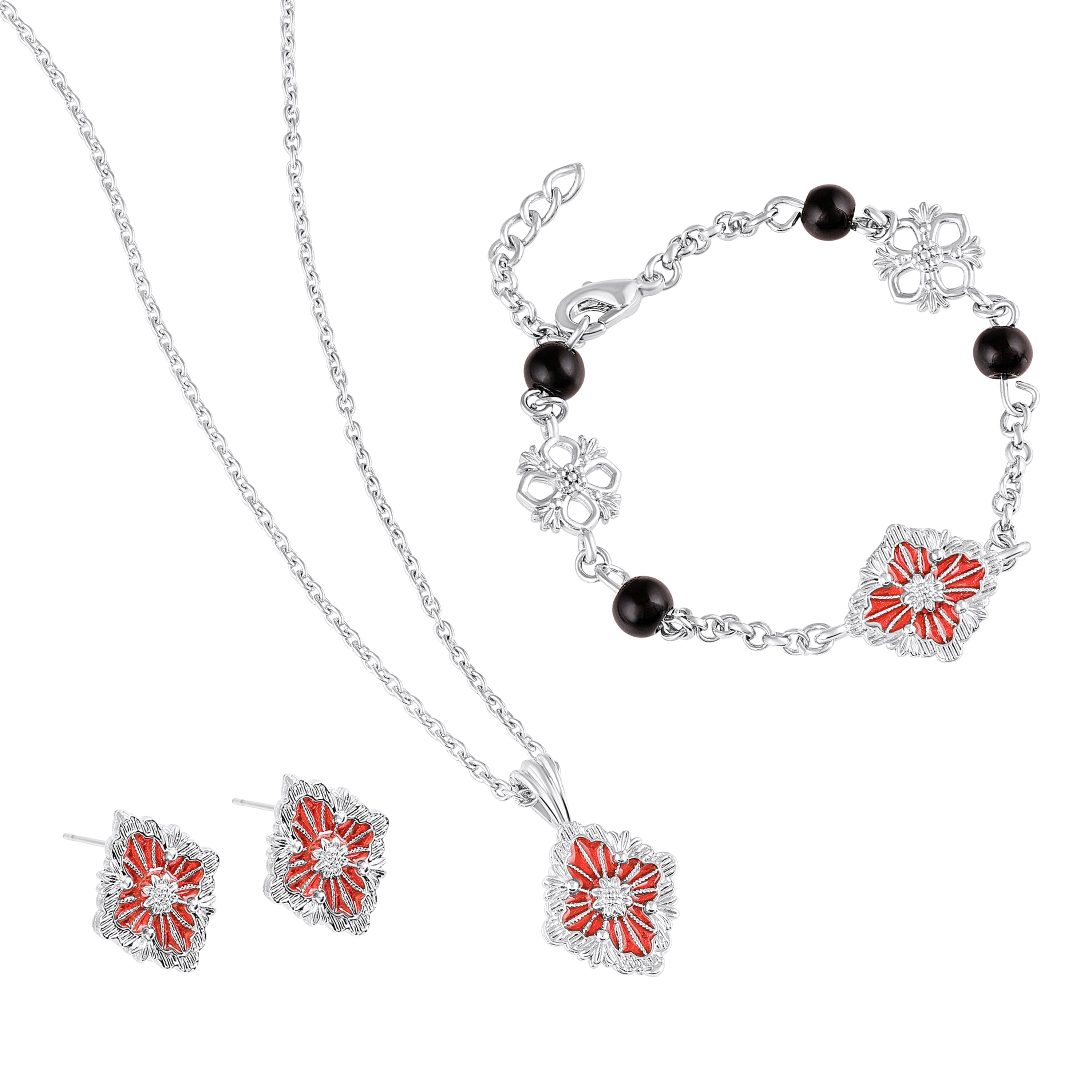 Mahi Scarlet Bloom Red Meenakari Enamel Pendant Earrings Bracelet Jewellery Set for Women & Girls (CO1105860R)