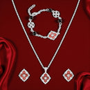 Mahi Scarlet Bloom Red Meenakari Enamel Pendant Earrings Bracelet Jewellery Set for Women & Girls (CO1105860R)