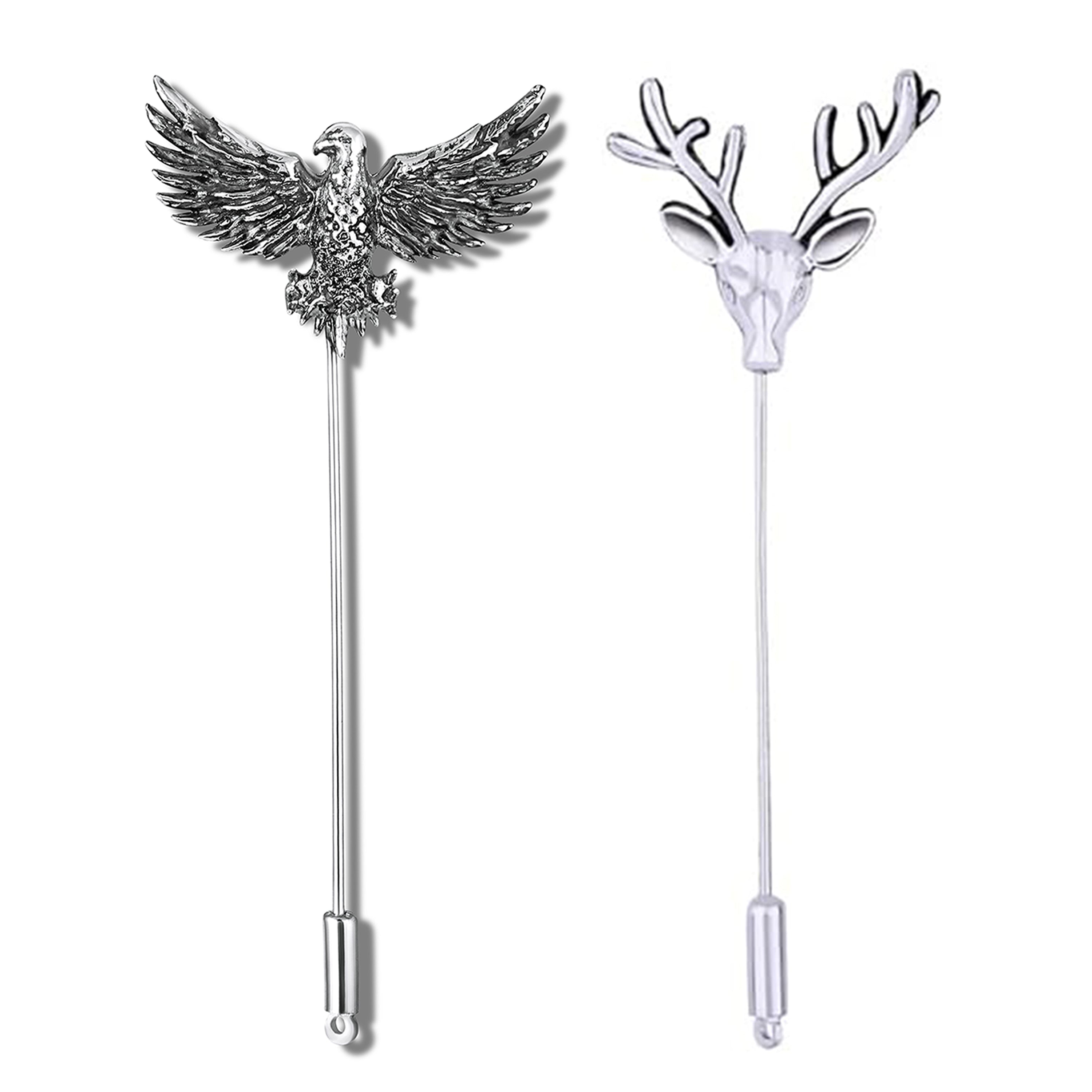 Mahi Regal Wildlife Eagle-&-Deer-Face Theme Lapel Pin / Brooch Set for Men (CO1105863R)