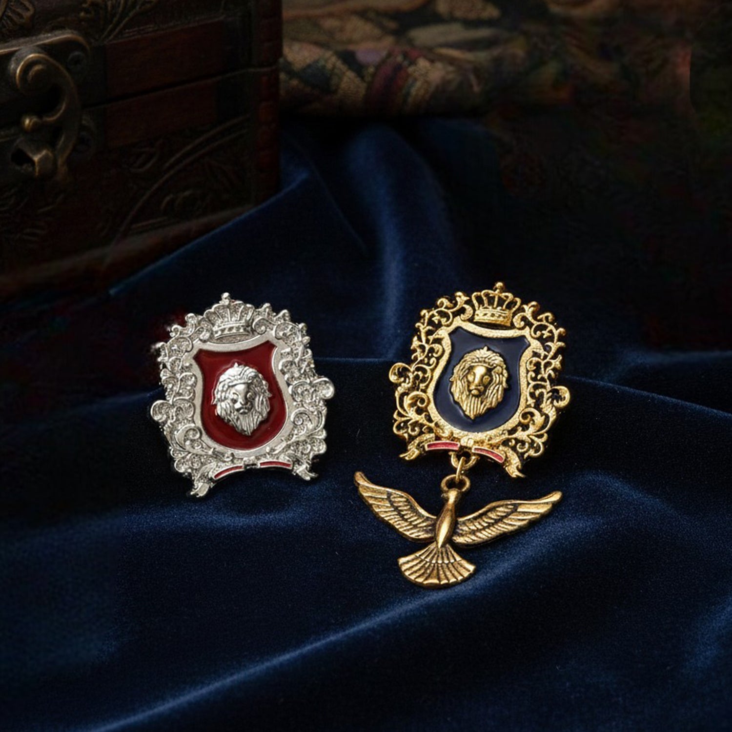 Mahi Regal Lion-Crown-Theme Shield Dangle Bird-Shaped Lapel Pin Brooch for Men Enamel Crest Statement Badge for Blazer, Suit & Coat (CO1105864M)