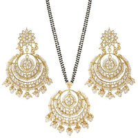 Etnico Gold Plated Traditional Pearl Kundan Studded Pendant with Black Bead Chain Mangalsutra With Earrings for Women (D089W)