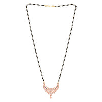 Etnico Rose Gold Plated Traditional Single Line CZ American Diamond Pendant with Black Bead Long Chain Mangalsutra for Women
