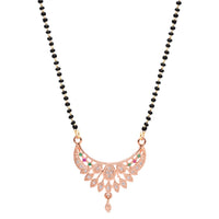 Etnico Rose Gold Plated Traditional Single Line CZ American Diamond Pendant with Black Bead Long Chain Mangalsutra for Women